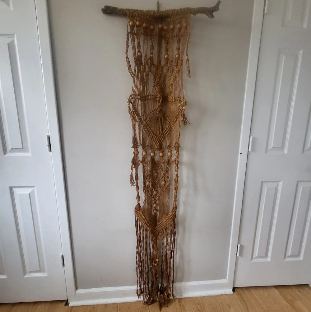 Vintage 70's Handmade Macrame Wall Hanging in Natural Tan With Beading